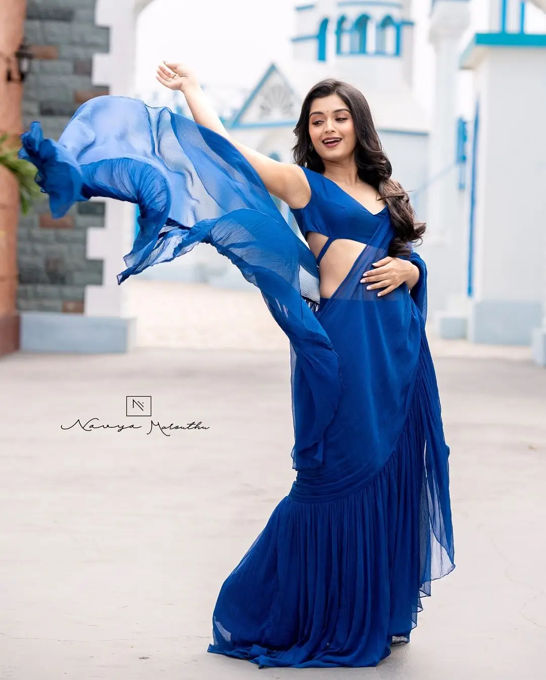 Maa TV Actress Priyanka Jain Wearing Blue Saree Sleeveless Blouse